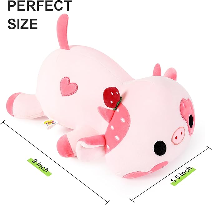 Onsoyours Cute Cow Plushie, Soft Stuffed Strawberry Cow Squishy Plush Animal Toy Pillow for Kids (Strawberry Cow, 9")