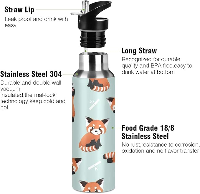 22 OZ Cute Red Panda Water Bottle with Straw - BPA Free Leakproof Stainless Steel Water Bottle for Women Men Water Jug for Fitness Gym Outdoor Sport