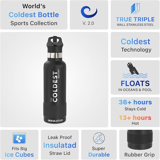 Coldest Water Bottle with Standard Mouth Straw Lid Metal Thermos Vacuum Insulated Stainless Steel l Reusable Leak Proof Cupholder Flask (21 oz, Stealth Black)