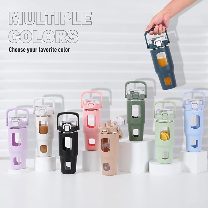 BLUEGO 32oz Glass Water Bottle with Handle and Straw|Leakproof Sports Glass Bottle with Time Marker and Silicone Sleeve|Glass Drinking Bottle for Travel, Gym, Workout, Pink