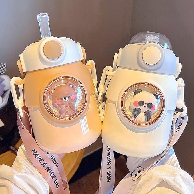 Kawaii Water Bottle with Straw,Travel Cute Water Bottles with Adjustable Strap Leak Proof BPA Free Wide Mouth Water Cup with Lid for Girls(Brown)