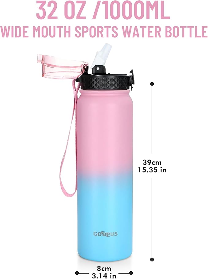 GOPPUS 32 oz Sports Water Bottle 1 Liter Double Wall Insulated Stainless Steel Water Bottles with Straw Lid Reusable Leak proof Metal water bottles with Strap Handle(Pink Blue 1 lid)