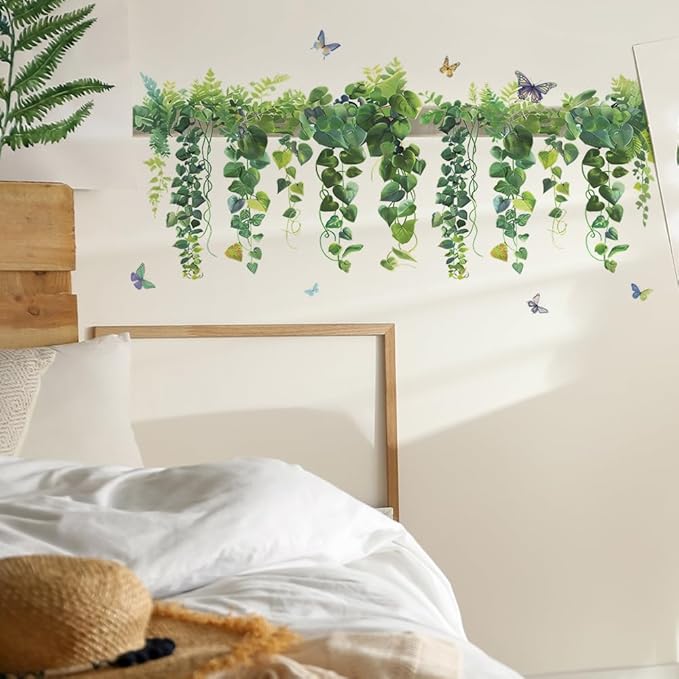 Green Leaf Wall Decals Hanging Vine Wall Stickers Plant Butterfly Wall Decal DIY Removable Wall Art Decals Peel and Stick Art Murals for Kitchen Bedroom Classroom Kids Nursery Decor