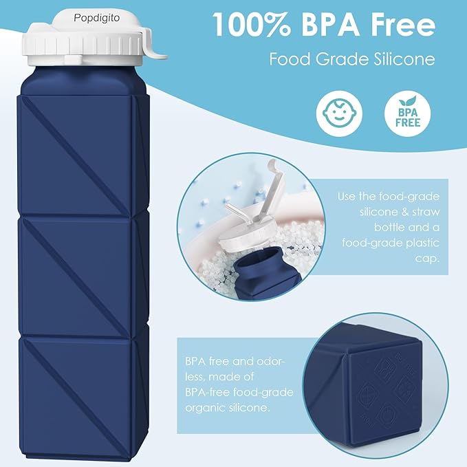 Collapsible Water Bottles 20.7oz Leakproof with Straw Lid Food-Grade BPA-Free Silicone Travel Foldable Water Bottles for Sports Office Gym Hiking Driving 610ML (Type2 Navy Blue)