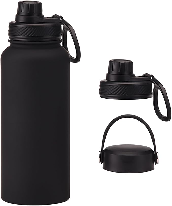 Black 32 OZ Insulated Water Bottle, Large Metal Stainless Steel Water Flask, Big Sports Travel Water Bottle with 2 Lids, Insulated Thermos Thermal Mug Cup