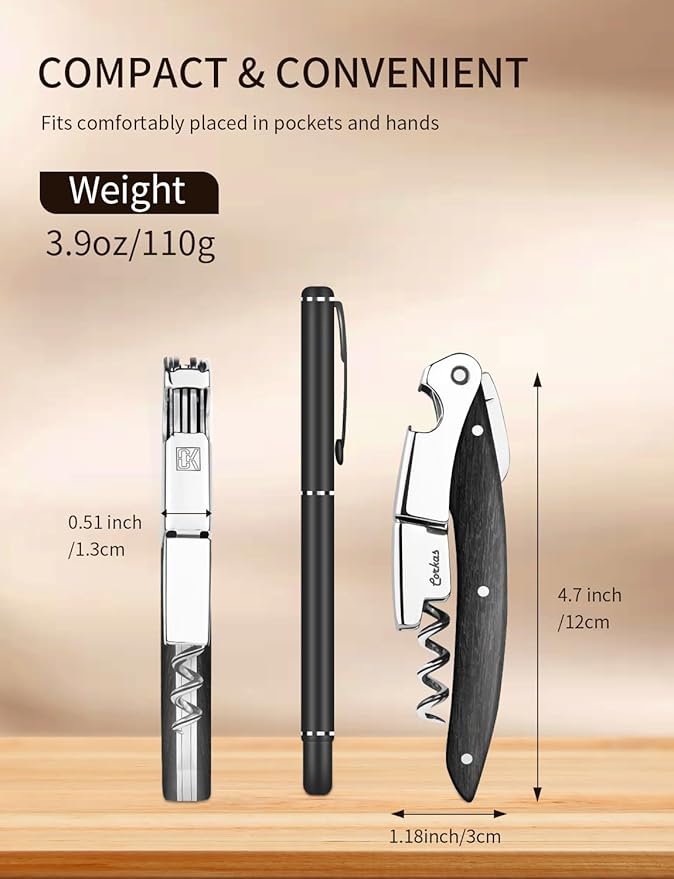 Wine Key - CORKAS Prestige Waiter Corkscrew with Ebony Handle, Handcrafted Wine Opener Manual with Double Hinged, Foil Cutter and Bottle Opener, Ideal Gifts for Sommelier, Bartenders, Servers