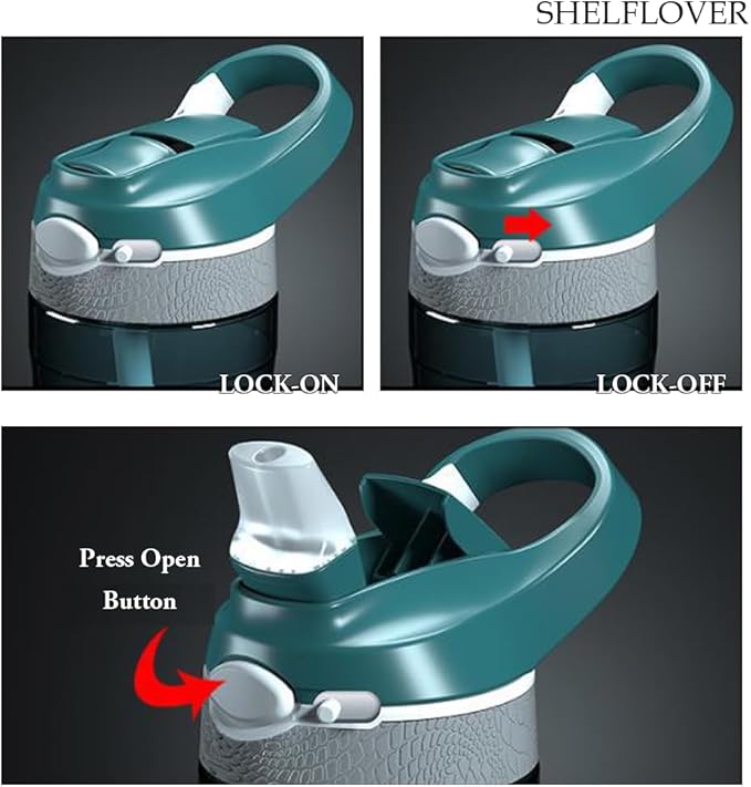 SHELFLOVER Dark Cyan Water Bottle With Narrow Straw, BPA FREE Clear Bottles With Handle One Hand Use Easy Carried, Flip Up, Suit School, Office, Gym, Office, 24oz (750ml)