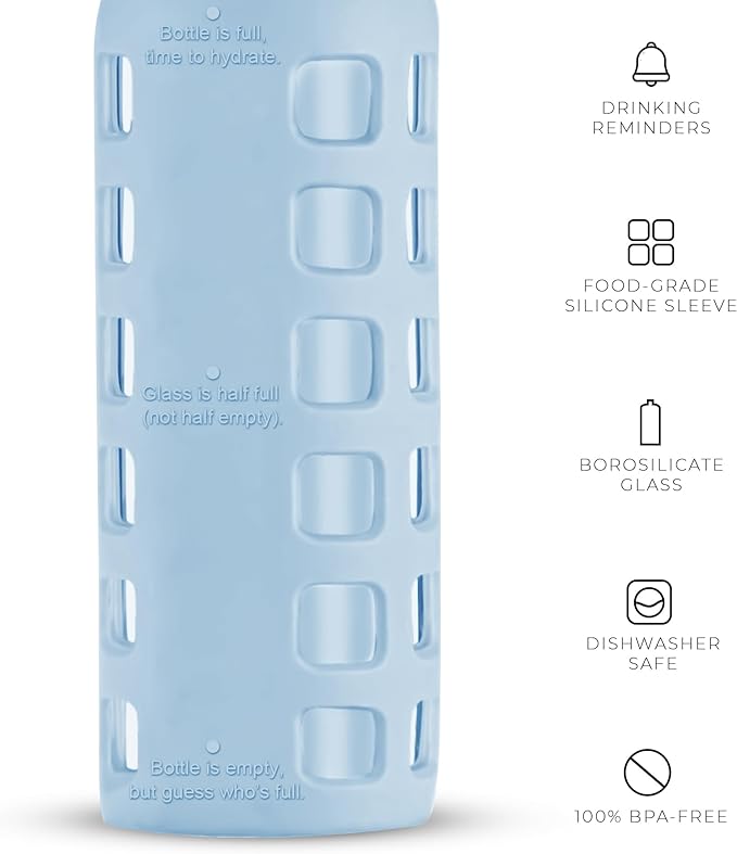 purifyou Premium 40/32 / 22/12 oz Glass Water Bottles with Volume & Times to Drink, Silicone Sleeve & Stainless Steel Lid Insert, Reusable Bottle for Fridge Water, Milk, Juice (12oz Ice Blue)