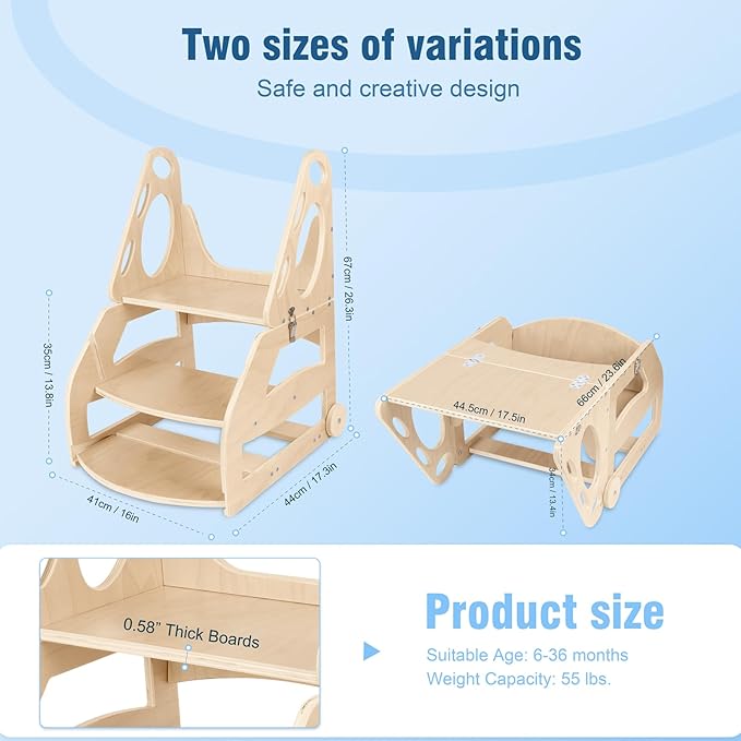 Toddler Step Stool, 2 in 1 Wooden Step Stool for Toddler, Adjustable Toddler Step Stool with Handles and Wheels, Convertible Kids Table and Stool Set