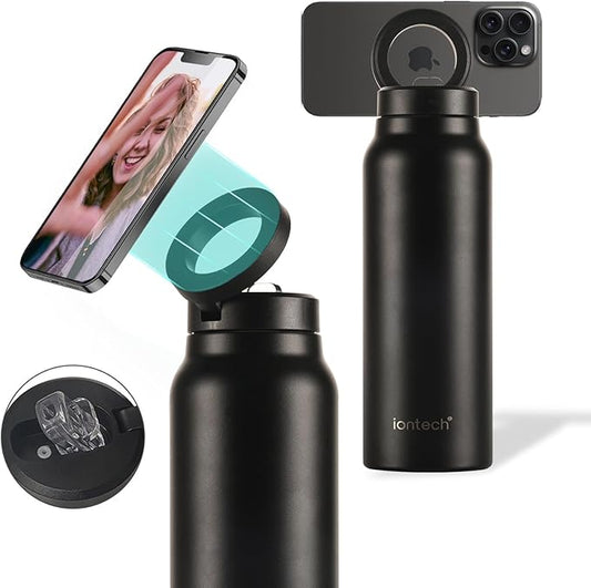 Insulated Water Bottle with Magnetic Phone Holder Compatible with MagSafe and iPhone, Stainless Steel Water Bottle Phone Mount For Sports Travel School, Hot 12H Cold 24H, 24oz (Black)
