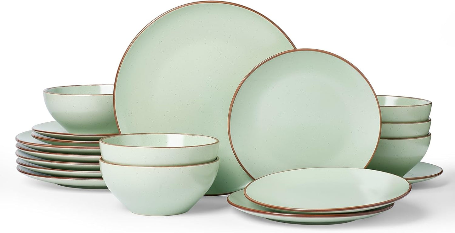Famiware Venus Plates and Bowls Sets, 18 Pieces Stoneware Dinnerware Sets, Speckled Dishes Set for 6, Microwave and Dishwasher Safe, Matte Light Green