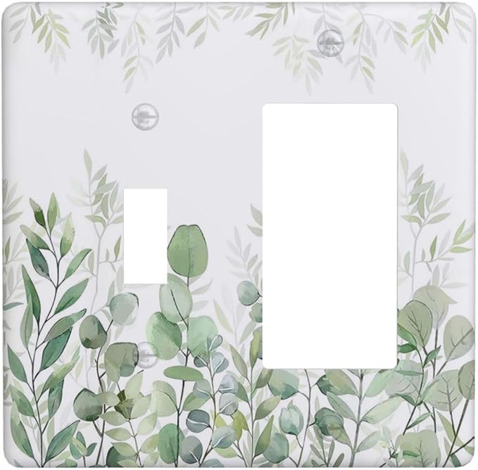 Green Eucalyptus Rustic Botanical Plant Leaves 2 Gang Single Toggle Rocker Combination Boho Light Switch Covers Decorative Wall Plate Cover Electrical Faceplate Switchplate for Country