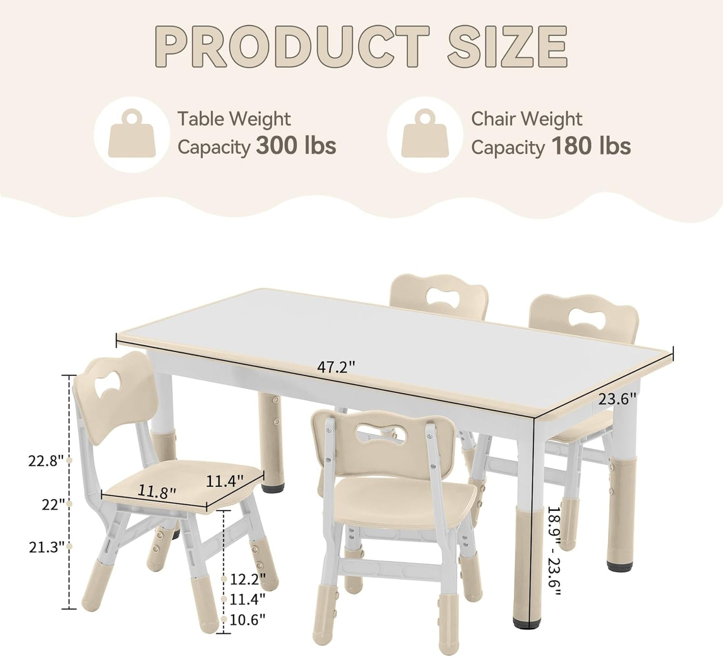 Kids Study Table and Chairs Set, Height Adjustable Toddler Table and Chair Set for Kids Ages 3-8, Graffiti Desktop (Burlywood - 1)