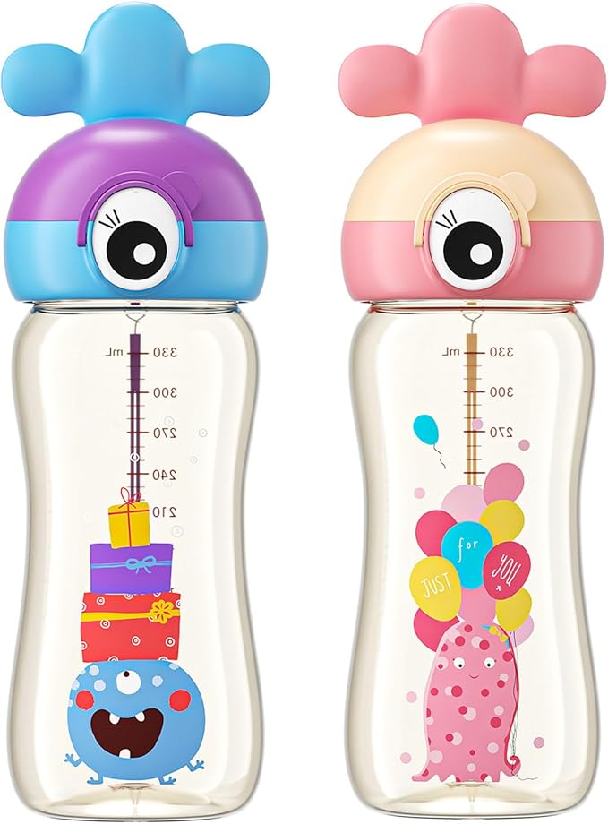 Kids Water Bottle for School, 11.8oz Durable PPSU Water Bottle, BPA-Free (Blue+Yellow, 2 Pack)