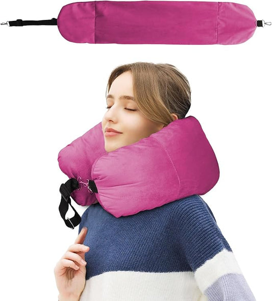 Stuffable Travel Pillow for Extra Luggage, Travel Neck Pillow Stuffable with Clothes, Stuffable Neck Pillow for Travel, Velvet Travel Neck Pillow Storage Bag, Fillable Luggage Pillow (Strong Pink)