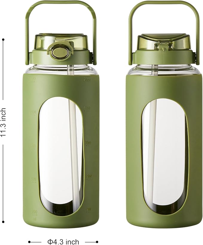 TKK 64 OZ Glass Water Bottle with Straw and Handle Half Gallon Bottle with Silicon Sleeve 2L Sports Water Bottles for Fitness, Gym, Workout, Workout - Olive