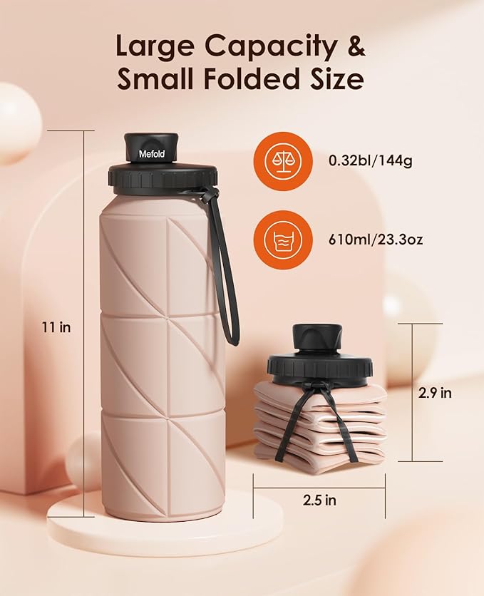 Collapsible Water Bottles,Leakproof BPA Free Silicone Foldable Portable Water Bottle 690ml(23oz),Lightweight Reusable Water bottle for Travel Running Cycling Gym Camping Sports Outdoor, Pink