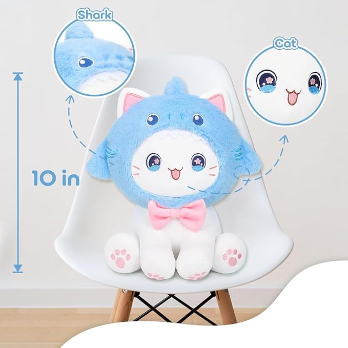 Cute Shark Cat Plush Toy 10" Kawaii Kitten Stuffed Animal, Cat Shark Plushie Pillow Gift for Kids