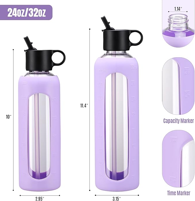 24oz Glass Water Bottle With 2 Lids-Flip Straw Lid, Bamboo Lid, Glass Water Bottle With Silicone Sleeve, Motivational Time Marker, Glass Juice Bottle for Cold Drink,Purple