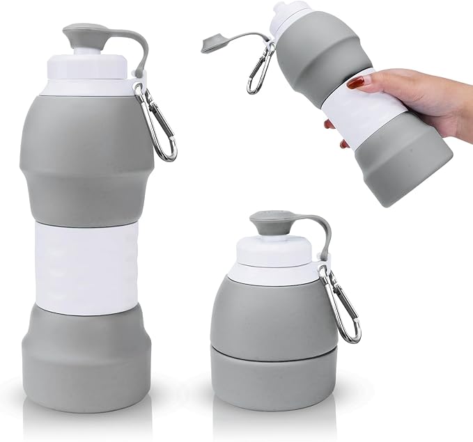 Collapsible Water Bottle, 19.6oz Leakproof Foldable BPA Free Silicone Reusable Sports Bottle, Portable Refillable Bottles with Carabiner, Ideal for Travel Hiking Outdoor Camping Gym (Gray)