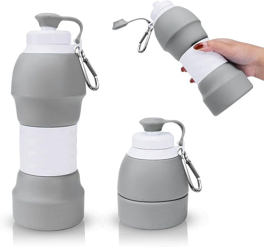 Collapsible Water Bottle, 19.6oz Leakproof Foldable BPA Free Silicone Reusable Sports Bottle, Portable Refillable Bottles with Carabiner, Ideal for Travel Hiking Outdoor Camping Gym (Gray)