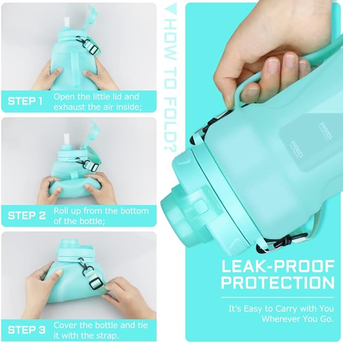 Nefeeko Collapsible Water Bottles, 1.5L Reusable Collapsible Water Bottle for Travel Leakproof, BPA Free Foldable Silicone Water Bottles with Straw for Traveling Sport Gym Camping Hiking