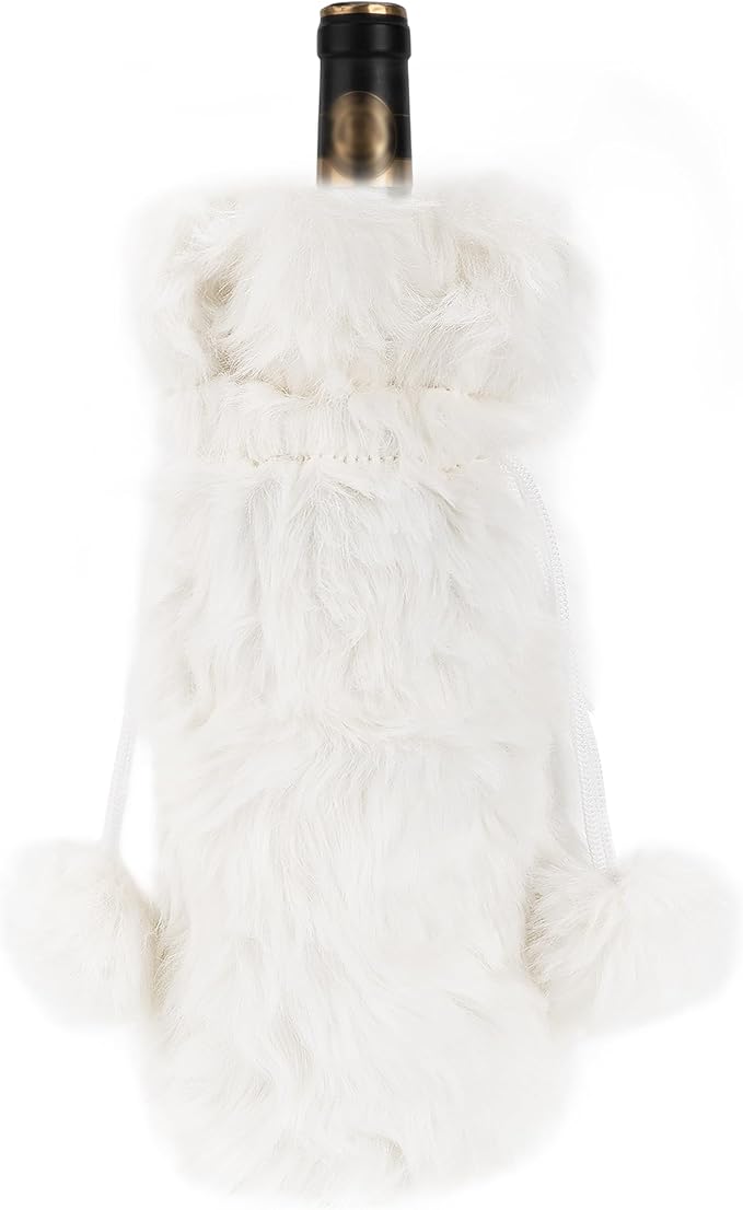 Wine Gift Bags Christmas Champagne Gift Bag for Engagement Wedding Birthday Wine Bottle Cover Decorative Fluffy Plush Drawstring Bag for 750ml Wine Bottles, Housewarming Gifts (White)