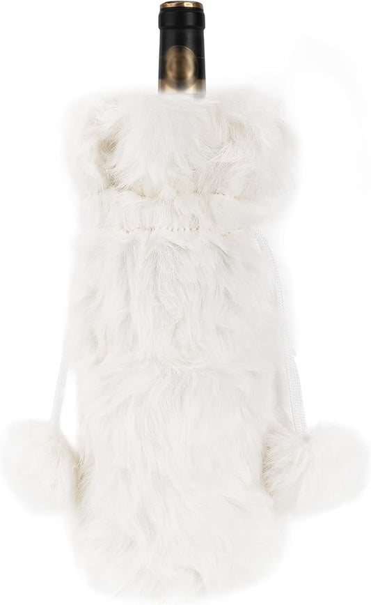 Wine Gift Bags Christmas Champagne Gift Bag for Engagement Wedding Birthday Wine Bottle Cover Decorative Fluffy Plush Drawstring Bag for 750ml Wine Bottles, Housewarming Gifts (White)