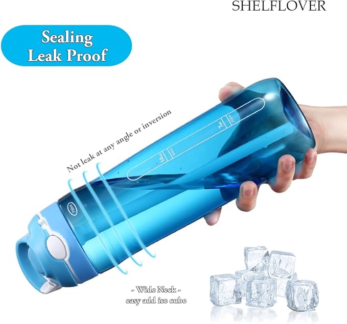 SHELFLOVER Light Blue Water Bottle With Narrow Straw, BPA FREE Clear Bottles With Handle One Hand Use Easy Carried, Flip Up, Suit School, Office, Gym, Office, 24oz (750ml), SLWB24OLB