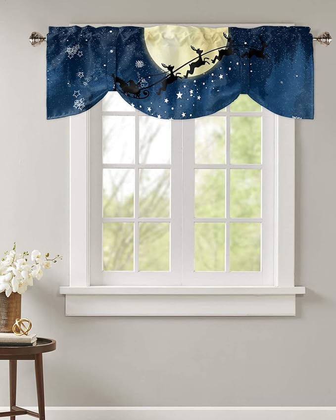 Christmas Blackout Tie Up Valance Curtains for Kitchen Windows Santa Claus Reindeer Window Toppers Balloon Shades for Living Room/Bathroom/Bedroom,1 Panel,54" X 18" Blue Snowy Night