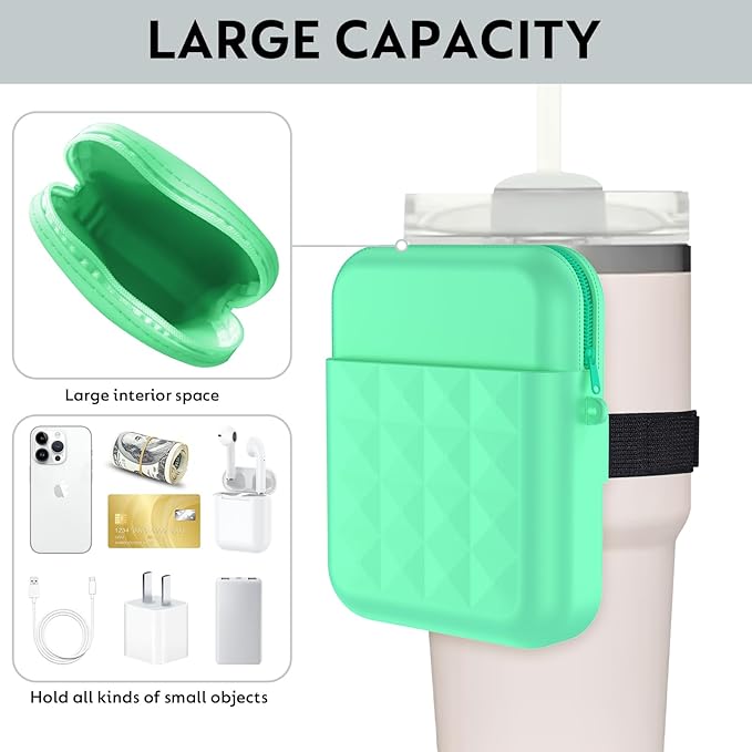 Water Bottle Pouch for Stanley Quencher Adventure 40oz & Stanley IceFlow 20oz 30oz Tumbler, Gym Water Bottle Silicone Rubber Pouch for Stanley Cup with Pocket for Cards, Keys, Earphone (Mint)