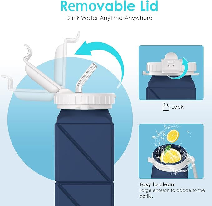 Collapsible Water Bottles 20.7oz Leakproof with Straw Lid Food-Grade BPA-Free Silicone Travel Foldable Water Bottles for Sports Office Gym Hiking Driving 610ML (Type2 Navy Blue+Green)