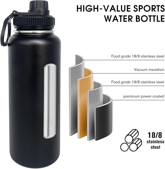 4pack 40 oz Insulated Water Bottle With Straw, Stainless Steel Sports Water Cup Flask with 2 Lids, Wide Mouth Travel Thermal Mug,Black