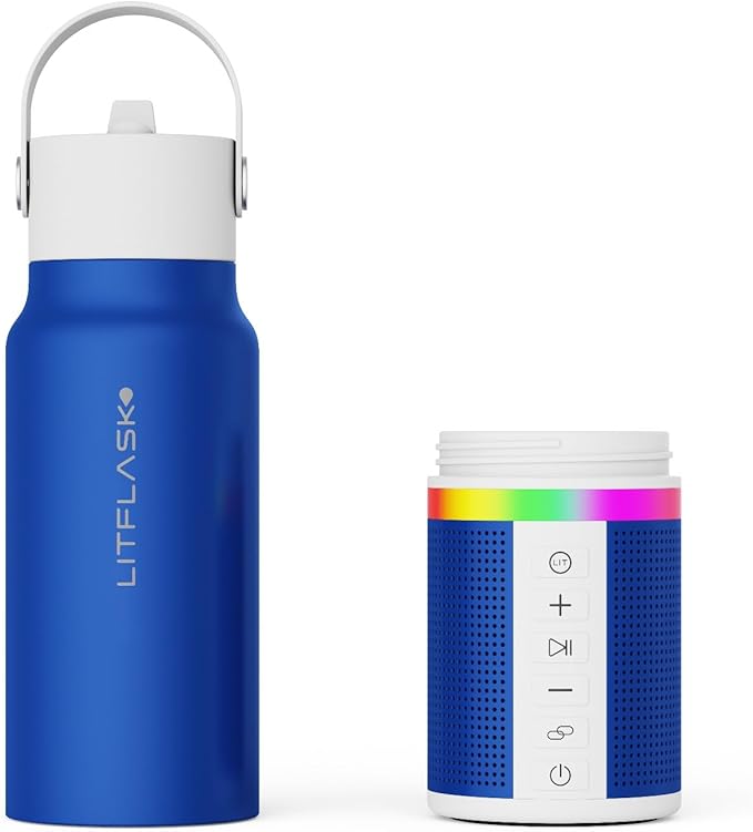 Smart Water Bottle with Premium Bluetooth Speaker, Portable Charger, LED Light, Hands-Free Mic, Insulated Stainless Steel, Straw Lid, BPA-Free, 20oz - Mix & Match Colorways