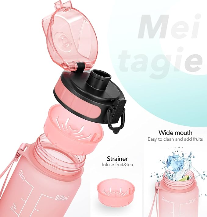 32oz Motivational Water Bottle with Time Marker & Fruit Strainer, Leak-proof BPA Free Non-Toxic 1l Bottle with Carrying Strap, Perfect for Fitness, Gym and Outdoor Sports (Rose Quartz)