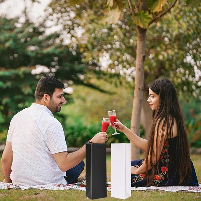 KEYYOOMY Wine Gift Bags - 10 Pack Black Kraft Paper Wine Bottle Gift Bags with Handles for Wedding Birthday Housewarming Christmas Party Supplies(10CT,13.8x4.3x3.5 IN,Black)