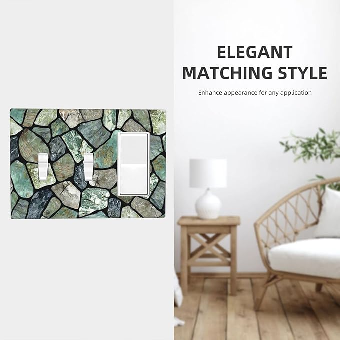 Green Stone Texture Combo 2 Toggle 1 Rocker Light Switch Wall Plate Cover Decorative 3-Gang for Electrical Outlets Room Bathroom Bedroom Home Kitchen One Decora Receptacle 4.5" x 6.38"