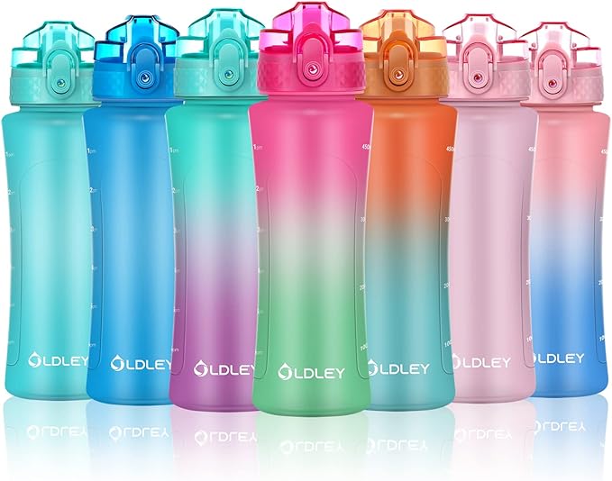 OLDLEY Kids Water Bottle with Straw 15 oz BPA-Free Leak-Proof Motivational Water Bottles with Time Marker for School Sports Travel Gym, Easy to Use for Girls Goys, 1 Straw Lid, Rose-Red Green