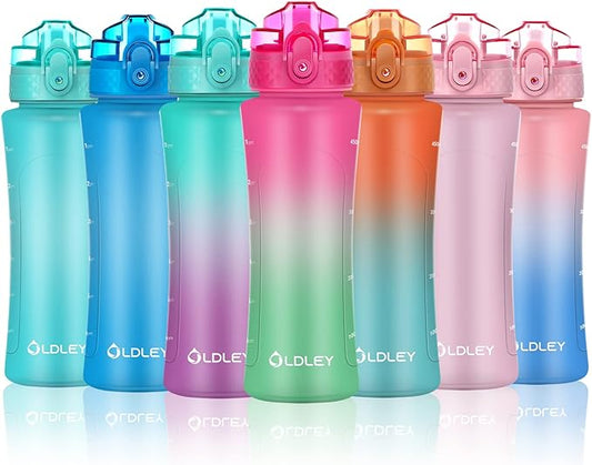 OLDLEY Kids Water Bottle with Straw 15 oz BPA-Free Leak-Proof Motivational Water Bottles with Time Marker for School Sports Travel Gym, Easy to Use for Girls Goys, 1 Straw Lid, Rose-Red Green