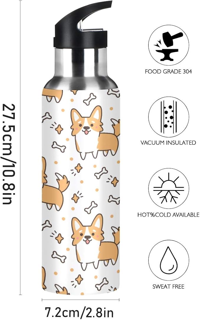 Cute Welsh Corgi Stainless Steel Water Bottle with Straw, BPA Free Reusable Leakproof Water Jug for Fitness Camping Outdoor Sports