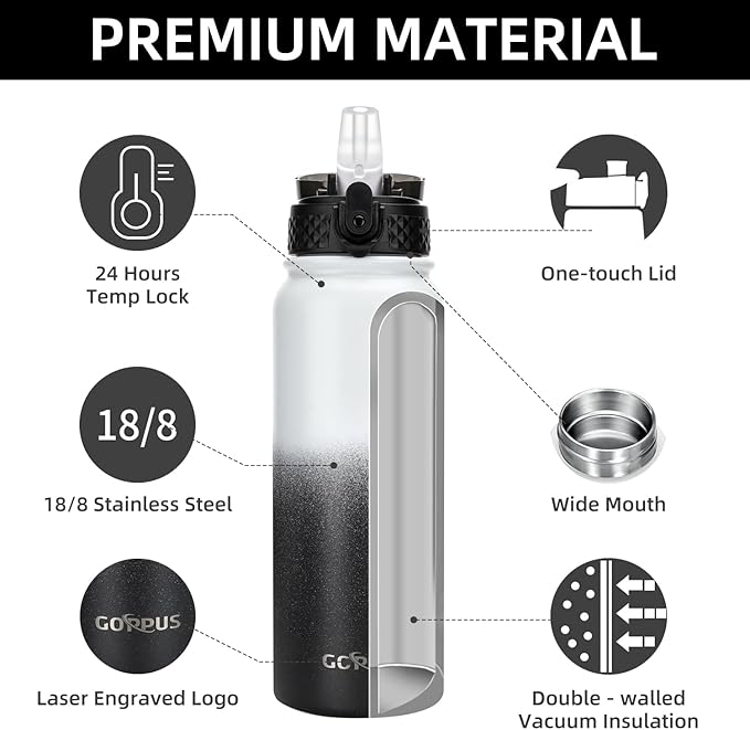 GOPPUS 20oz Insulated Stainless Steel Water Bottle with Straw Lid Leakproof Water Flask, Keeps Hot and Cold Sports Canteen Water Bottles for Kids Men Women Gym (White Black 1 Lid)