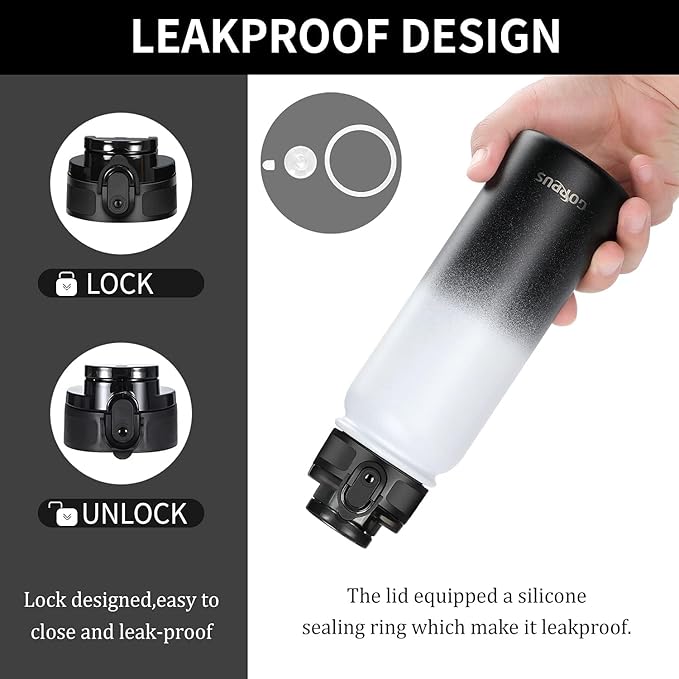 GOPPUS 20oz Insulated Stainless Steel Water Bottle with Straw Lid Leakproof Water Flask, Keeps Hot and Cold Sports Canteen Water Bottles for Kids Men Women Gym (White Black 1 Lid)