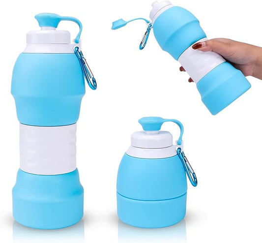 Collapsible Water Bottle, 19.6oz Leakproof Foldable BPA Free Silicone Reusable Sports Bottle, Portable Refillable Bottles with Carabiner, Ideal for Travel Hiking Outdoor Camping Gym (Blue)