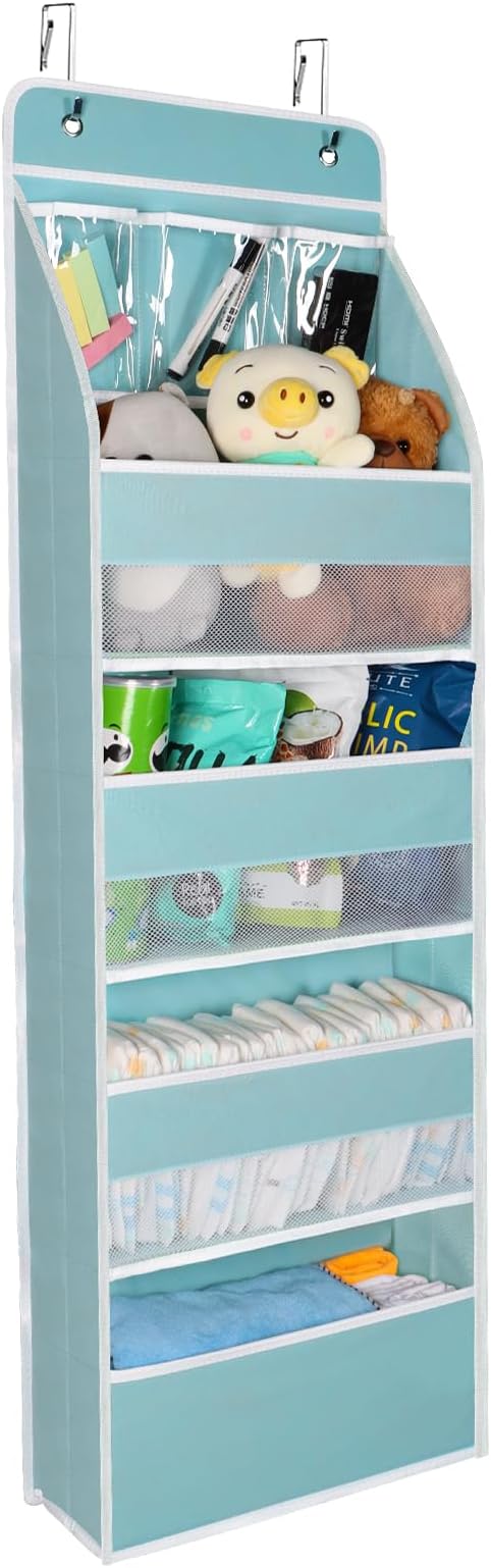 Univivi Door Hanging Organizer Nursery Door Hanging Storage Closet with 4 Large Pockets and 3 Small PVC Pockets Over Door Organizer for Cosmetics, Toys and Sundries (Blue)