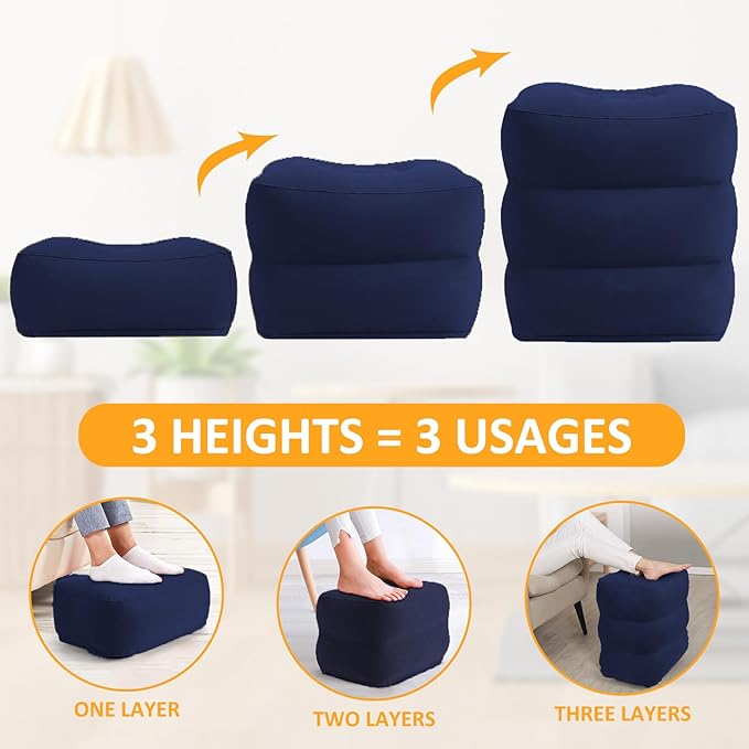 Inflatable Foot Rest Pillow for Travel - Adjustable Height Flight Foot Rest with Eye Mask and Earplugs for Kids & Adults on Airplane, Car, Train, Office, and Home (Blue, 1 PCS)