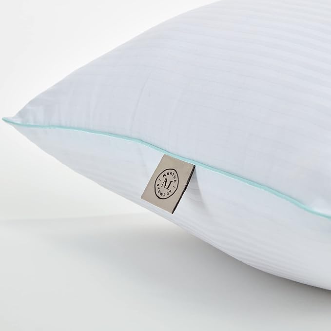 MARTHA STEWART Down Alternative Pillows King Size Set Of 2, Plush Cooling Pillow for Back, Stomach or Side Sleepers, Memory Foam-Like Fiber Fill, Dobby Stripe, 20" x 36", White