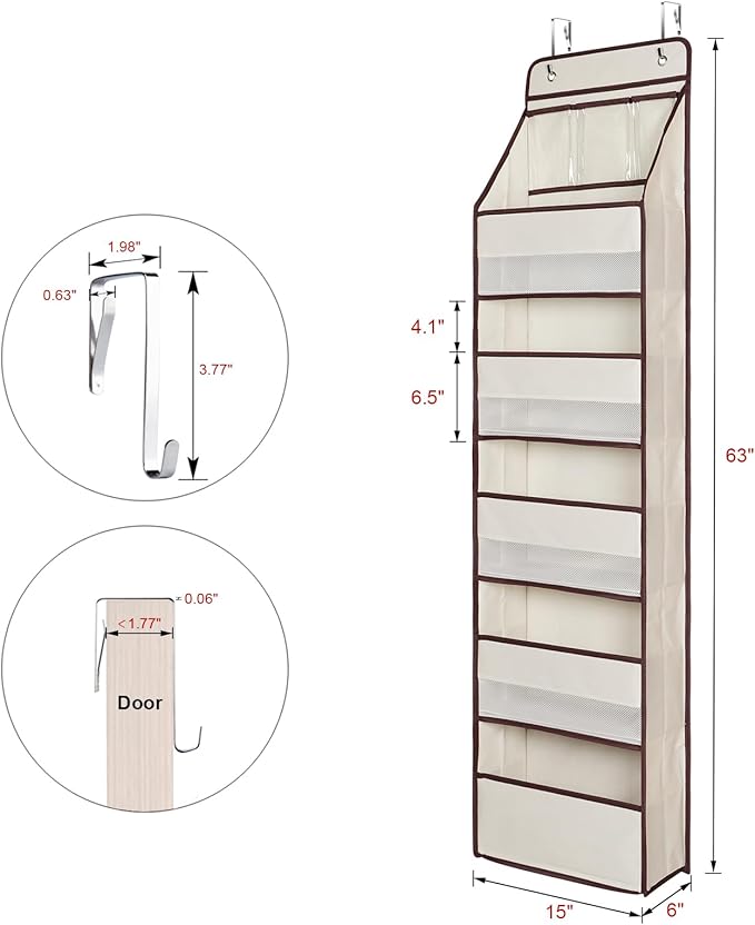 Univivi Door Hanging Organizer Nursery Closet Cabinet Baby Storage with 5 Large Pockets and 3 Small PVC Pockets for Cosmetics, Toys and Sundries (6 Layers - Beige)…