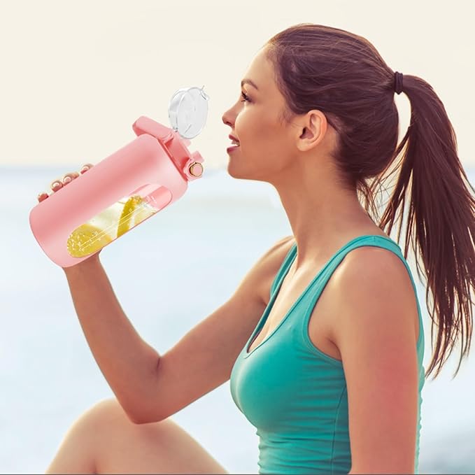 64oz Glass Water Bottle with Straw and Handle - Half Gallon Motivational Water Jug with Time Marker and Silicone Sleeve, Leak proof Wide Mouth Water Flask for Gym, Sports, and Daily Use (Pink)