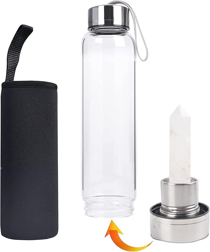 Crystal Glass Water Bottle Energy Quartz Gemstone Water Bottle with Changeable Natural Crystal Center for Healing and Wellness
