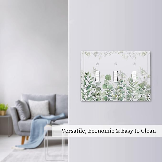 Green Eucalyptus Rustic Botanical Plant Leaves 3 Gang Boho Light Switch Covers Decorative Triple Toggle Wall Plate Electrical Faceplate Switchplate for Country Bathroom Bedroom Decor